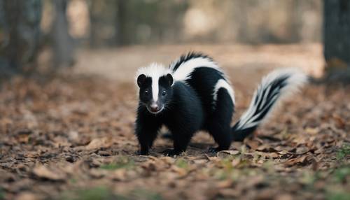 Skunks prezentujący swoje czarne futro z rzucającym się w oczy białym paskiem.