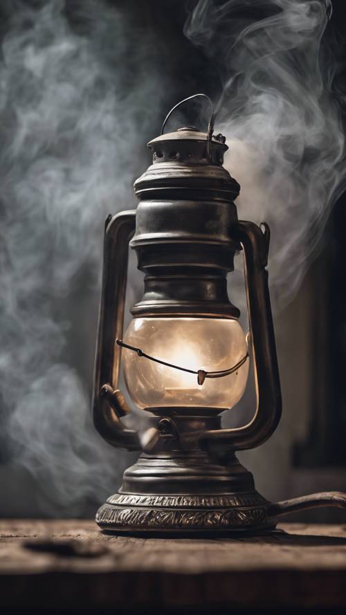 An antique oil lamp with a steady trail of grey smoke curling from its wick.