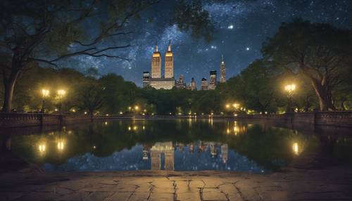 A serene view of the Central Park under a starry night sky in New York City.