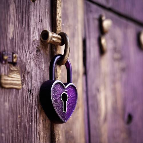 A dark purple heart-shaped lock, hanging on an old wooden door.