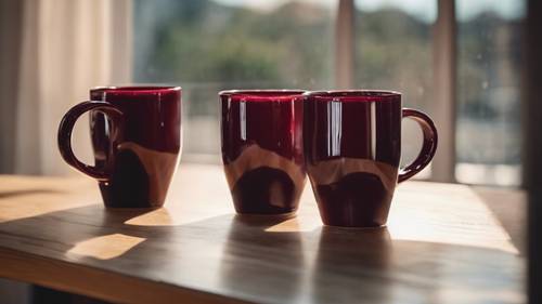 Two cool maroon ceramic coffee mugs set on a wooden table in front of a sunny window.