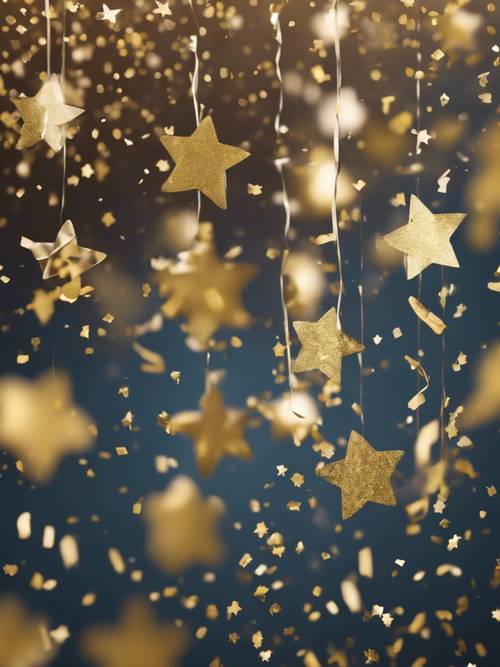 A gold star-shaped confetti, falling down amidst the cheers of a New Year's Eve celebration.