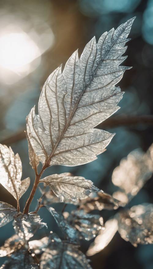Ein leuchtend silbernes Blatt, wunderschön in der Nachmittagssonne eingefangen, wobei die Details seiner Blattadern deutlich sichtbar sind.