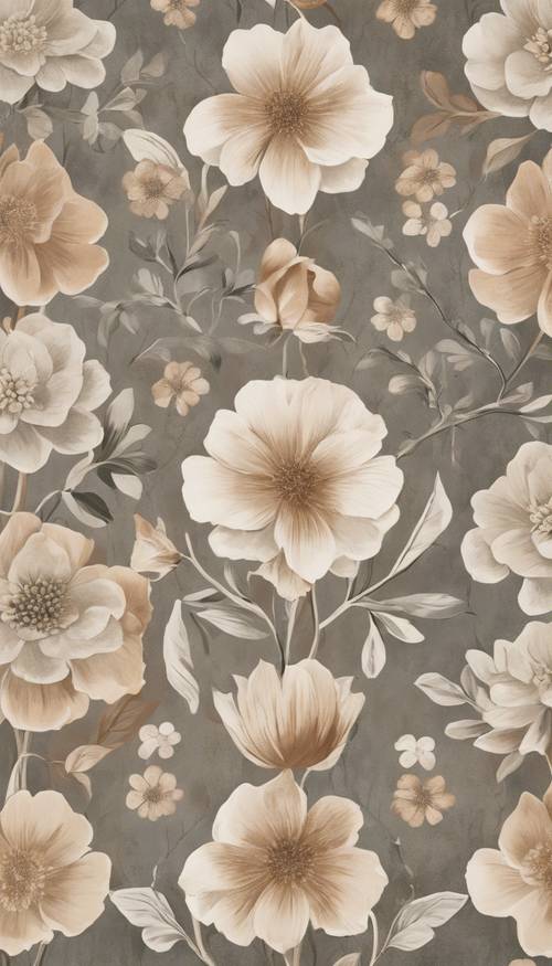 Skandynawska tapeta w kwiaty w stylu vintage w stonowanych odcieniach ziemi.