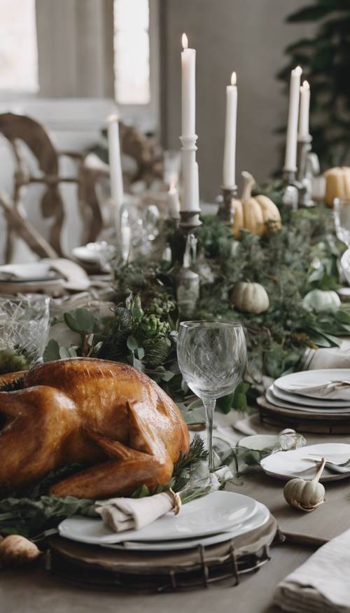 Aesthetic view of a Thanksgiving tabletop with a neutral palette of soft greys, crisp whites, and accents of fresh greens.