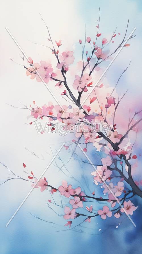 Bunga Sakura dalam Gaya Cat Air untuk Layar Anda