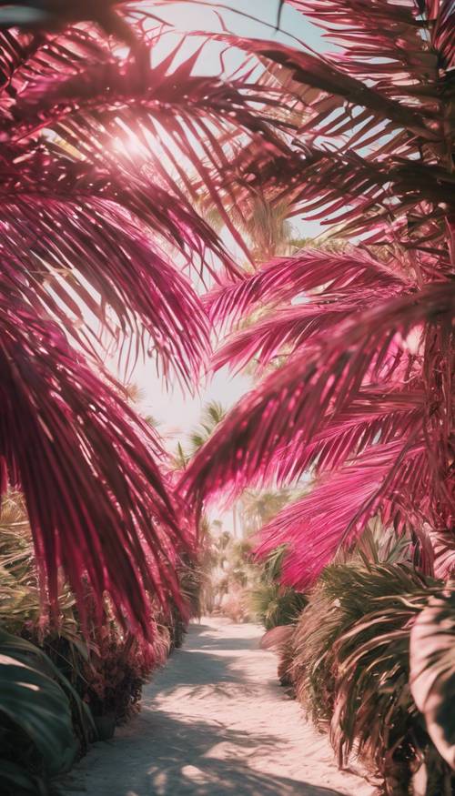 An oasis with bright pink palm leaves under the midday sun.