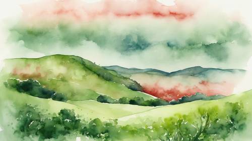 Una pintura de acuarela verde y roja que representa un paisaje montañoso tranquilo.