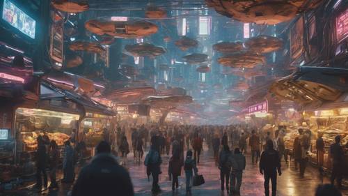 Una scena che raffigura un vivace mercato cyber a tema Y2K su un pianeta alieno.