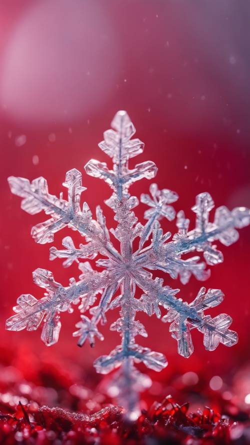 Макрофотография снежинки на ярком красном фоне.