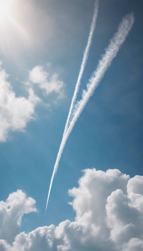 Traînées d&#39;un avion à réaction, cousant le ciel bleu de lignes blanches duveteuses.