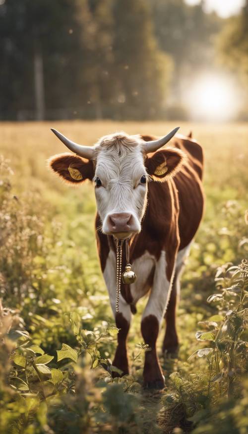 Seekor sapi coklat kecil yang lucu dengan lonceng di lehernya, berdiri di tengah-tengah peternakan yang cerah.