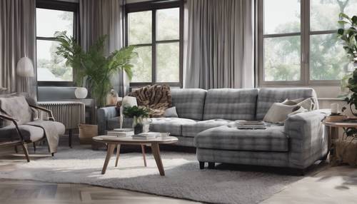 Panoramiczny widok na współczesny salon z kanapą w kratę i monochromatyczną grafiką.