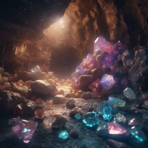 Uma caverna ecoante com minerais e pedras preciosas luminosas, imaginada em um sonho.