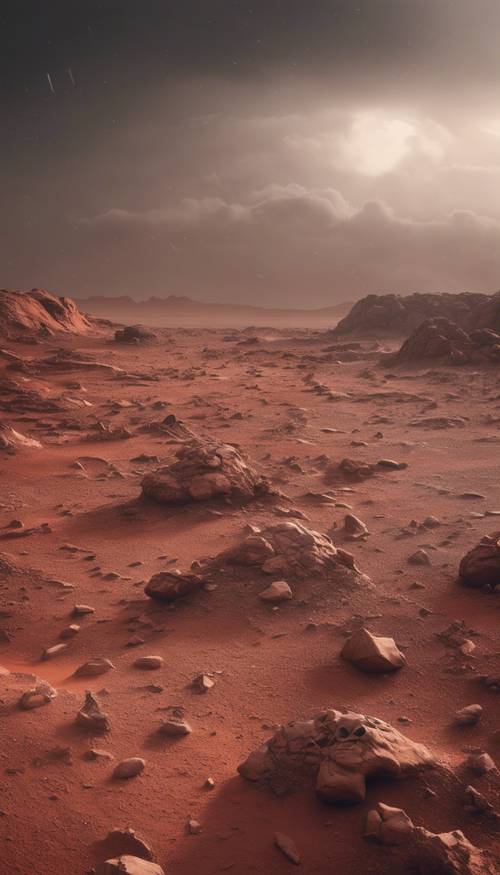 Un paesaggio roccioso arido del pianeta rosso Marte durante una tempesta polverosa.