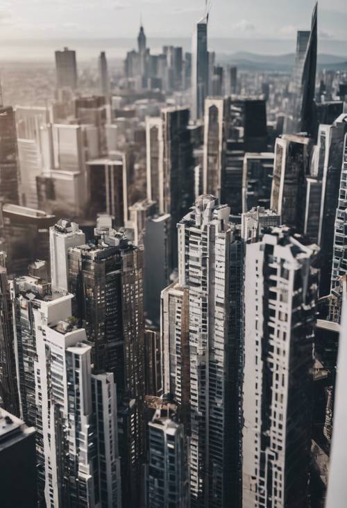 O horizonte de uma cidade em transição do preto nos edifícios térreos para o branco nos arranha-céus que tocam o céu.