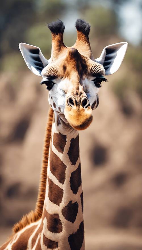 Eine Giraffe mit großen, überraschten Augen und flauschigen, cartoonartigen Flecken vor einem Sandkastenhintergrund.