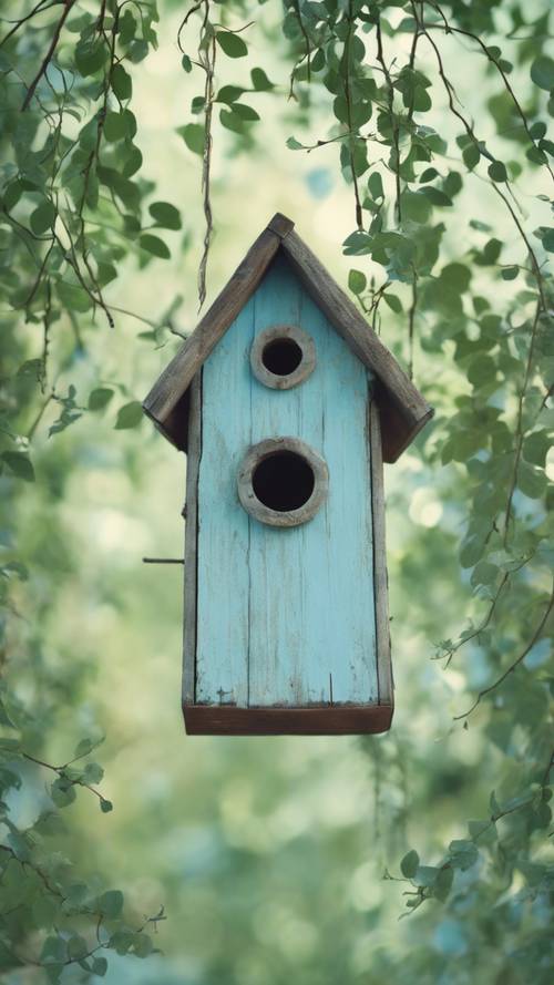 Rustykalny, pastelowo-niebieski domek dla ptaków położony pośród zielonych gałęzi.
