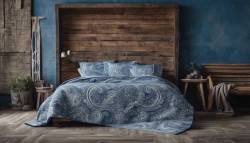 Funda de edredón de cachemira azul en un dormitorio rústico.