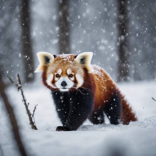 Karda şakacı bir şekilde yuvarlanan bir Kızıl Pandanın olduğu karlı bir sahne.