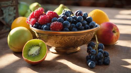 A 19th century still life depicting a bowl of ripe, juicy fruits