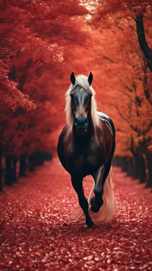 Un cheval noir avec une crinière dorée qui traverse un chemin couvert de feuilles rouges dans une forêt gothique.