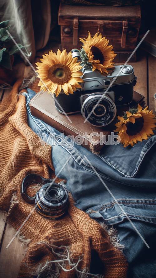 Desain Bunga Matahari dan Kamera Vintage