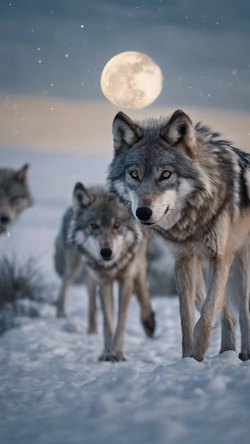 A pack of grey wolves hunting under the full moon light in the tundra.