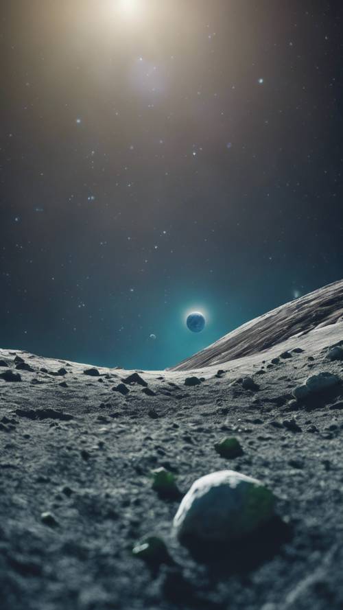 Una visione minimalista della Terra dal punto di vista della luna, piena di blu, verdi e bianchi