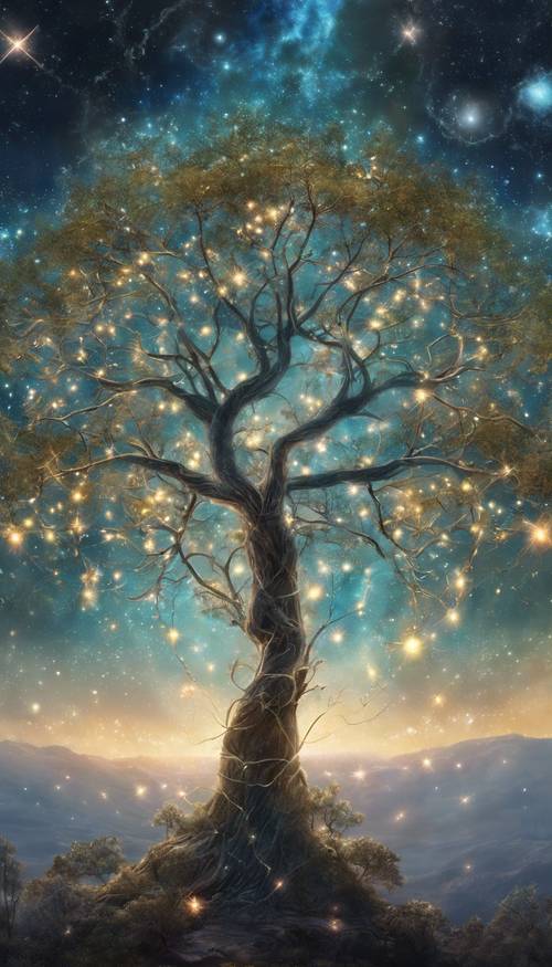 A tree with luminous leaves under a sky filled with twinkling constellations.