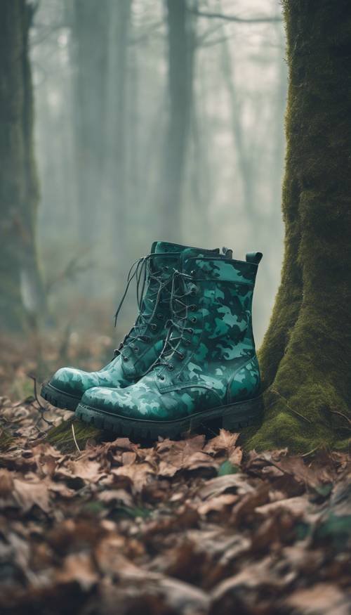 Stivali mimetici verde acqua realizzati a mano su uno sfondo di foresta nebbiosa.