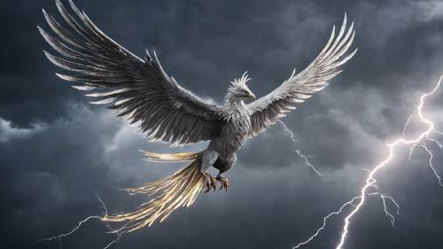 Seekor burung phoenix perak berkilauan dengan anggun terbang melintasi langit yang gelap dan penuh badai disertai kilatan petir.