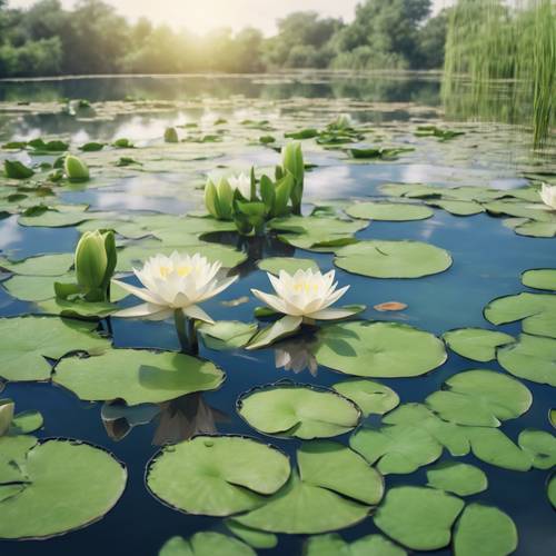 A tranquil cool green lily pond with water lilies floating serenely under the wide-open sky.