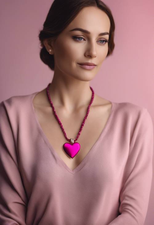 짙은 핑크색 하트 모양의 펜던트 목걸이를 착용한 우아한 여성.