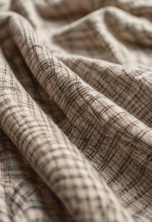Un gros plan d&#39;un tissu en coton à motif écossais neutre sous la douce lumière du soleil.