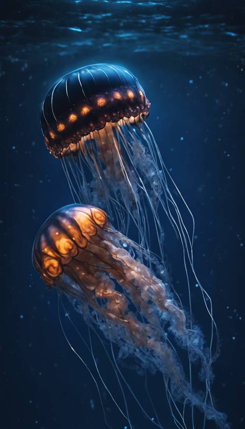 Duża, majestatyczna czarna meduza pływająca spokojnie nocą w głębokim błękitnym oceanie.