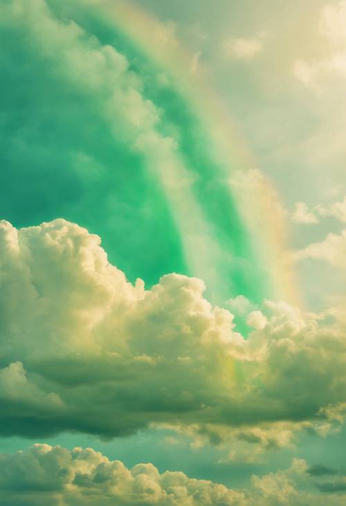 Pastel green and yellow clouds, frolicking in a sky enchanted by the spectrum of a rainbow.