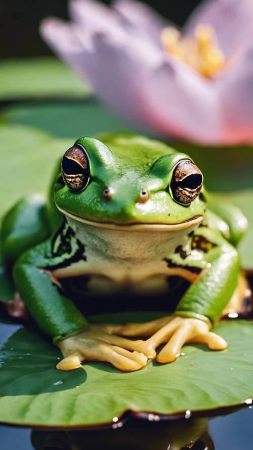 A close up view of a vibrant, green tree frog resting on a lily pad in a serene pond. Tapeta [8d154079d142401cb7a4]