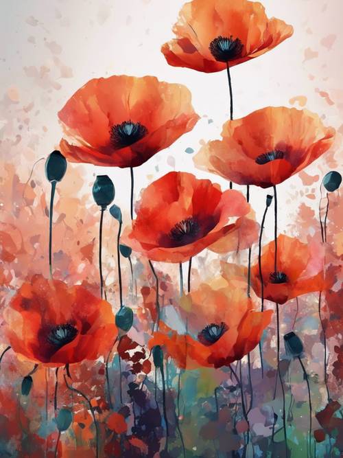 An abstract illustration of poppies in bold, saturated colors.