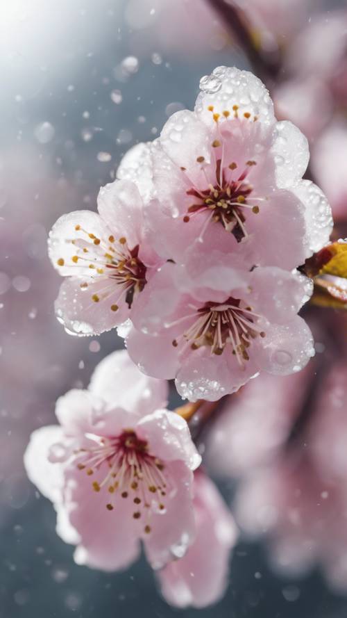 Uma imagem aproximada de uma flor de cerejeira recém-desabrochada, salpicada de gotas de orvalho.