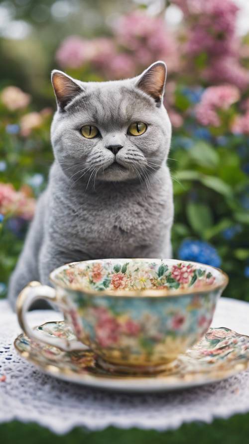 Uma obra de arte pontilhista de um gato de pêlo curto britânico saboreando chá em uma xícara de porcelana antiga em um lindo jardim inglês ao meio-dia de primavera.