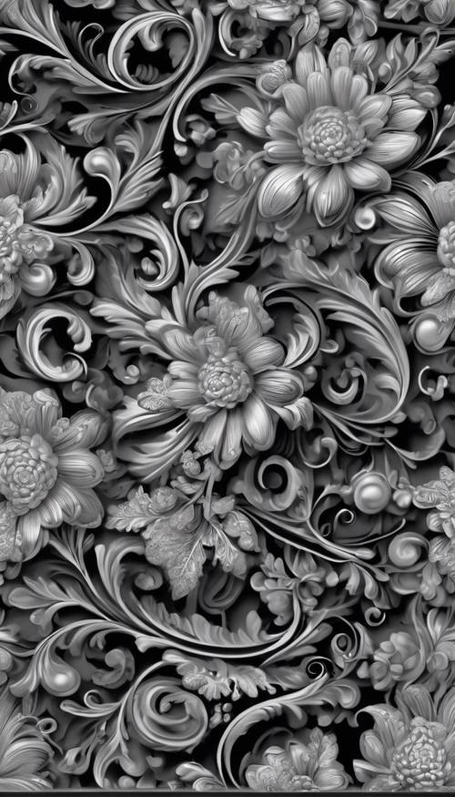 Intricate swirls and curls forming a floral motif in a black and gray seamless pattern. Wallpaper [7fccc33792924c76a85e]