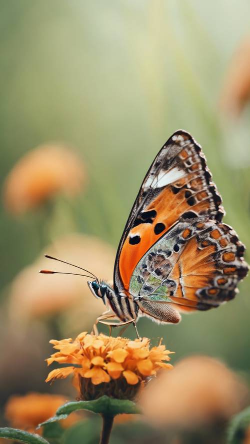 一只美丽而精致的蝴蝶，有着橙色和绿色的翅膀，停在一朵花上。