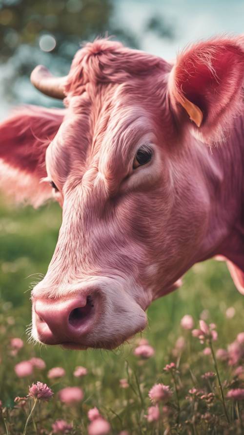 Sebuah karya seni digital dari seekor sapi merah muda yang bahagia, bermain-main di ladang.