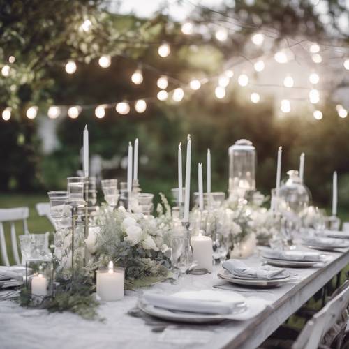 Table set-up for an outdoor party, decorated in a light gray and white color scheme.
