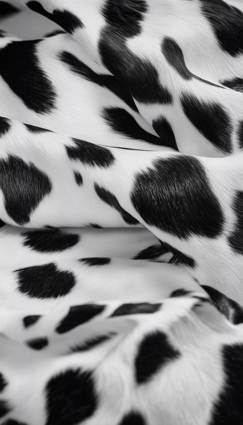 Bir sığır derisinin ayırt edici ve düzensiz siyah beyaz lekelerini taklit eden stilize bir baskı.