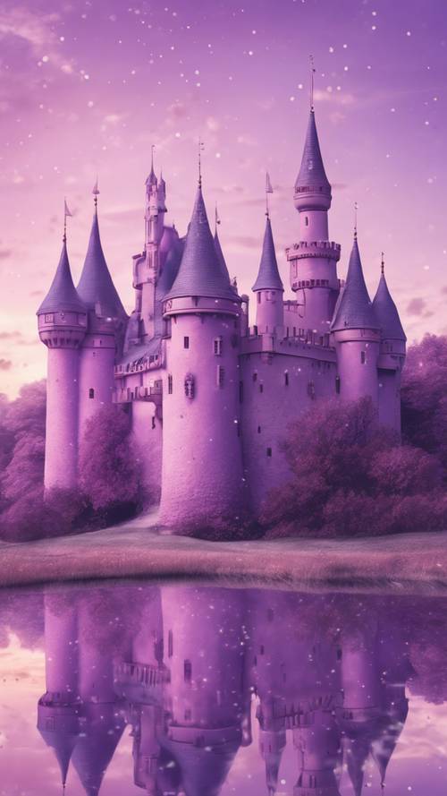 Castelo extravagante de conto de fadas banhado em tons roxos claros.