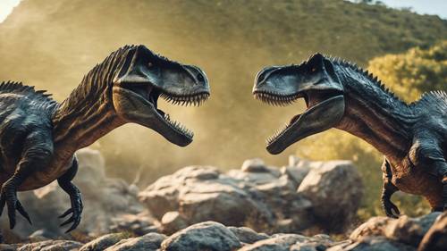 Um confronto dramático entre um Espinossauro e um Tiranossauro rex em um terreno rochoso.