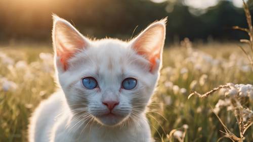 Portrait de face d&#39;un chaton siamois blanc curieux dans un pré ouvert, illuminé par un soleil couchant.