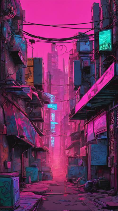 Un vicolo squallido in una città cyberpunk piena di graffiti e insegne al neon.